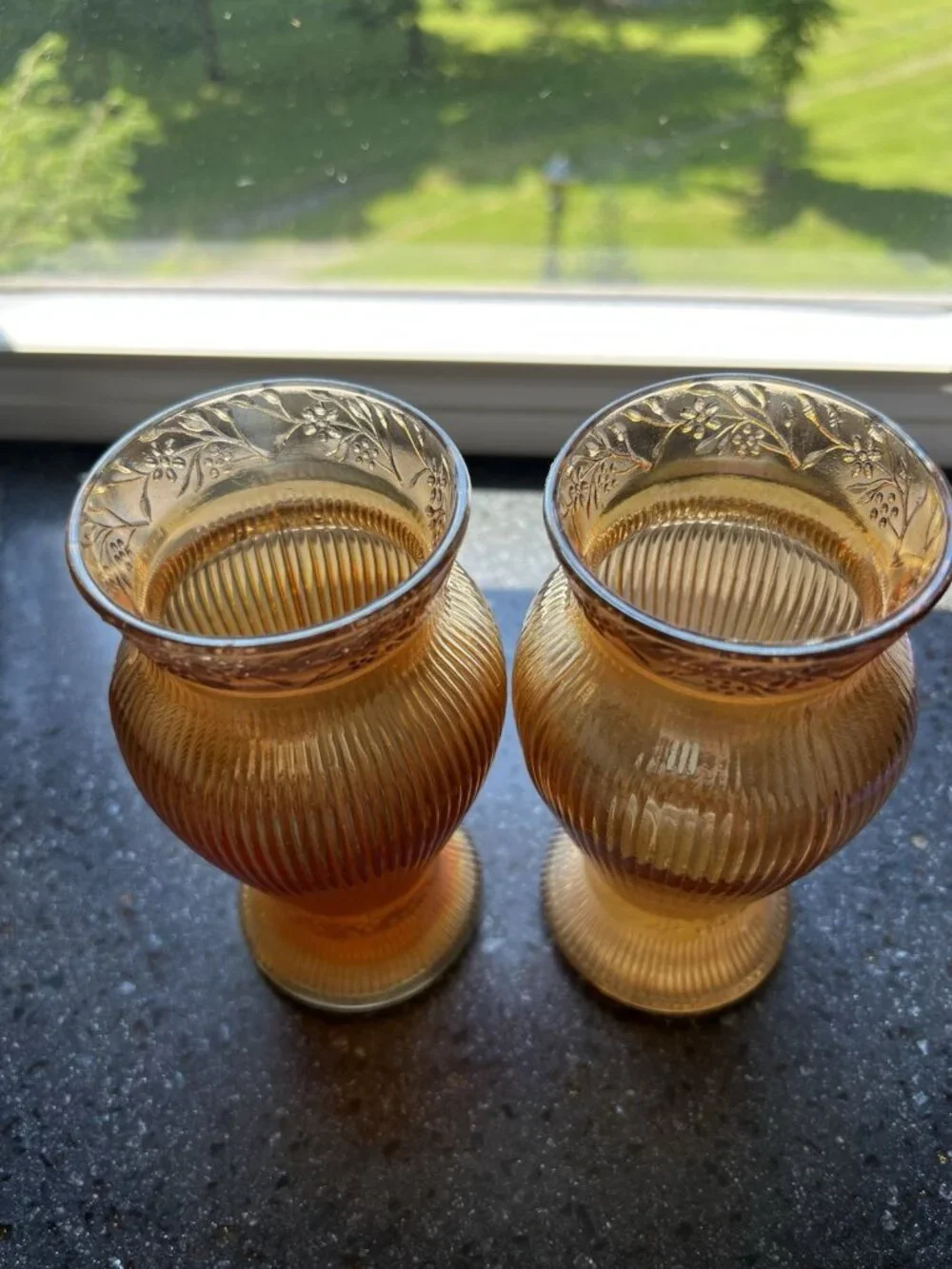 c1928 Pair/2 Jeanette Prism & Daisy Band Floral Ribbed Iridescent Glass 6